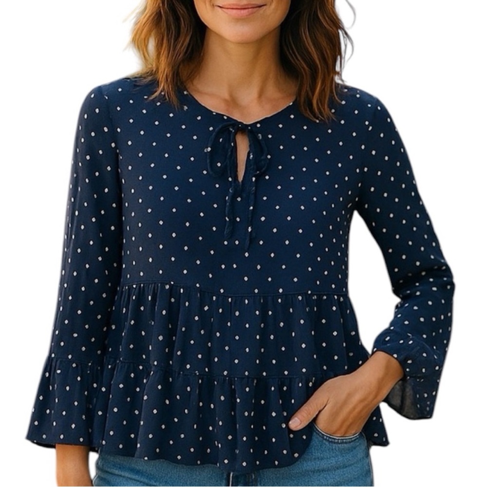 Lucky Brand Navy Blue Polka Dot Women's Top Size Small Lightweight Boho